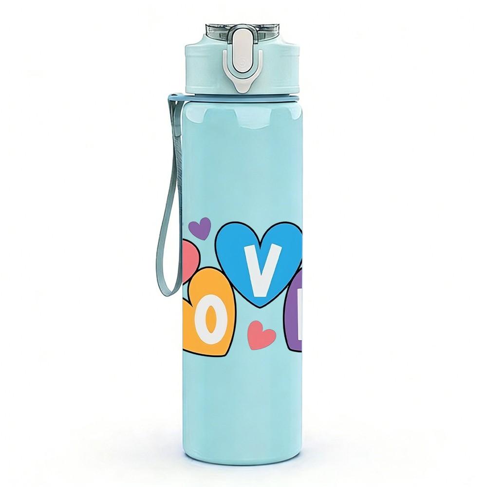 1PC Love Word Multicolor Heart Doodle Design 750ml Color Plastic Sports Water Bottle Leakproof Flip Straw Lid Suitable for Sports Office Home Use