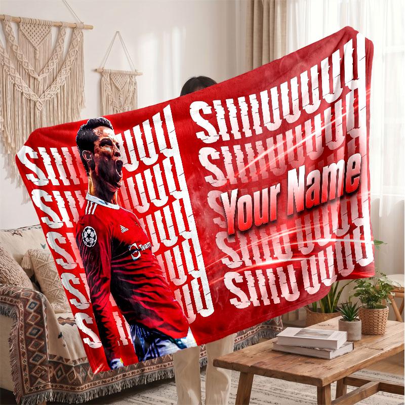 Coperta Personalizzata in Pile Cristiano Ronaldo con Logo Calcio, Testo Nome Personalizzato Morbida Calda Coperta da Divano per la Casa
