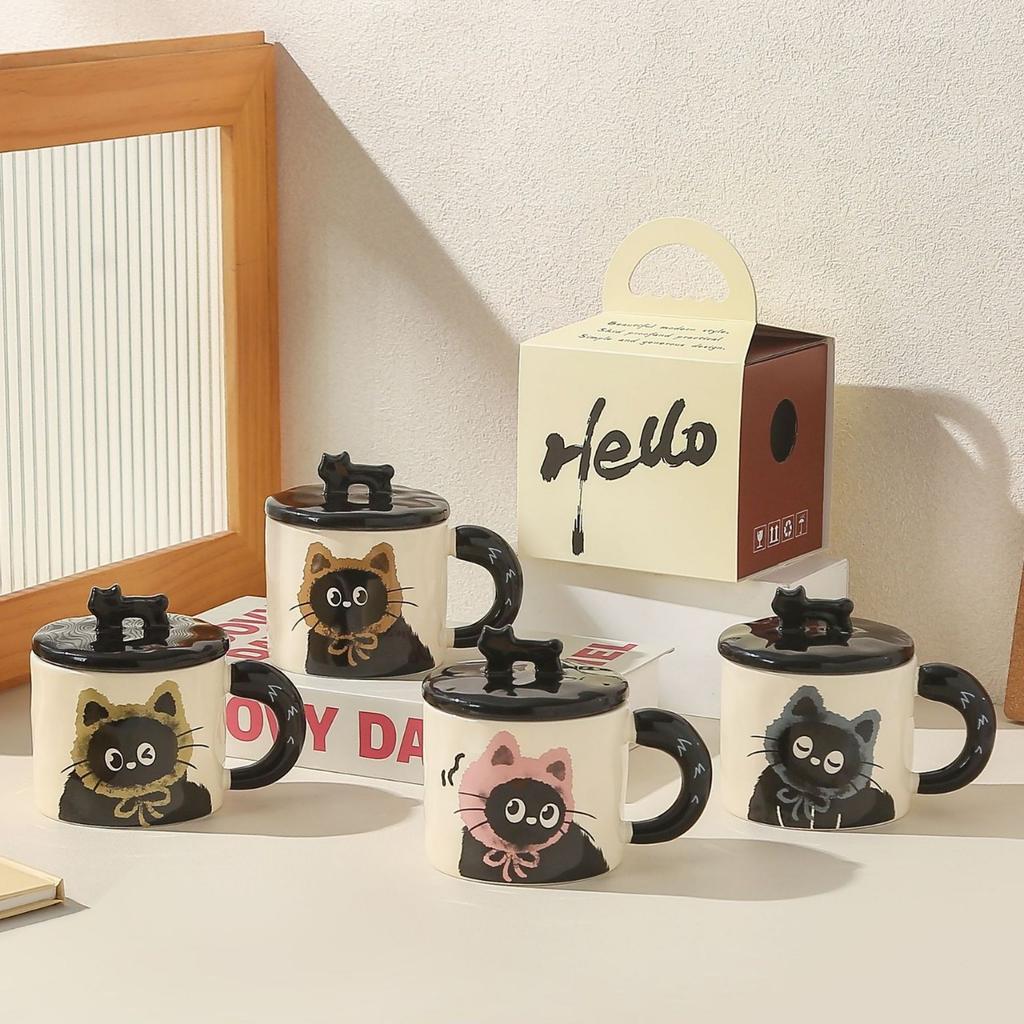Cute Cat Mugs with LIDS Girls' Gifts Souvenir Cups Office Coffee Cups High Appearance Level Ceramic Cups