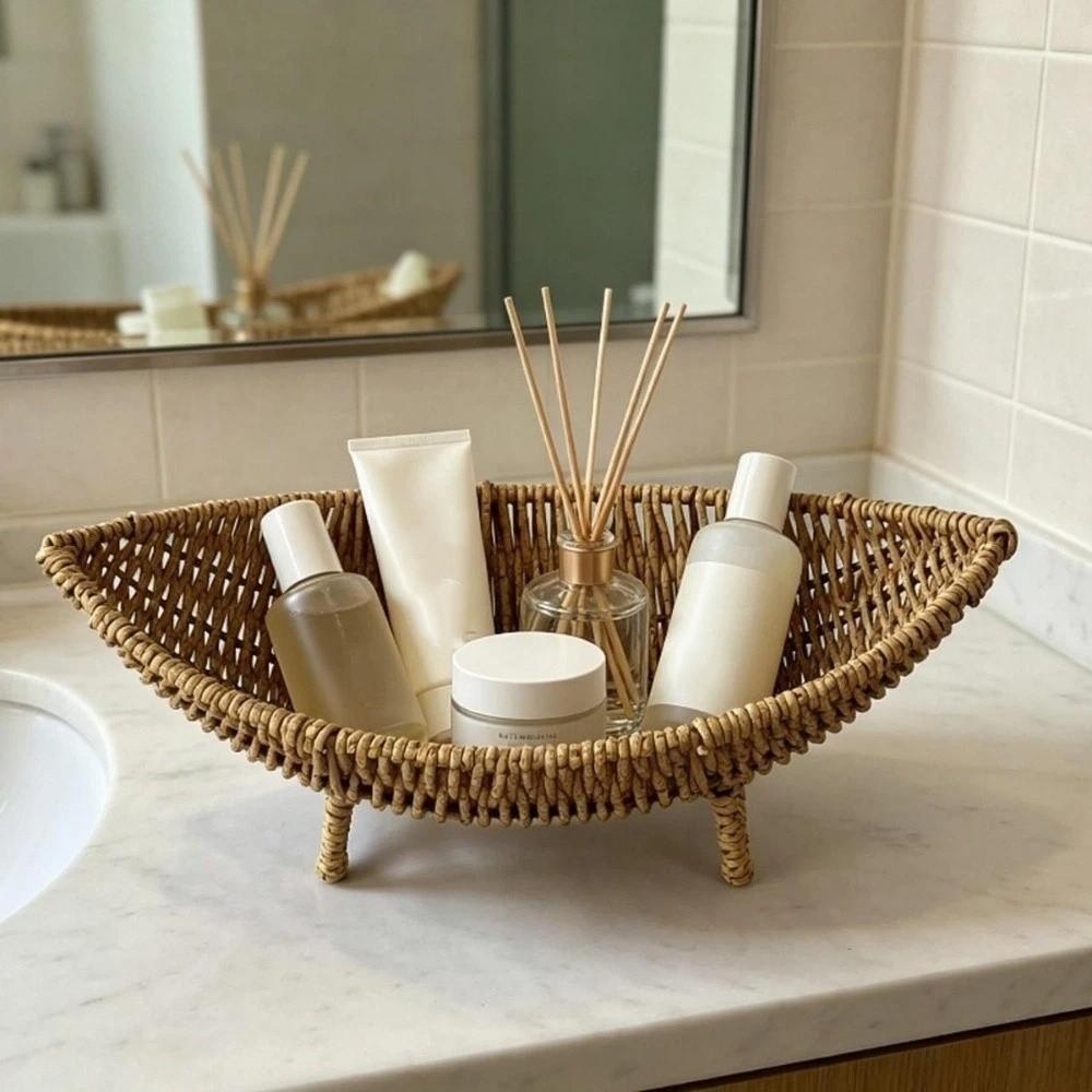 Large Capacity Plastic Hand-Woven Basket Hollow Drain Camping Tray Desktop Organizer  Picnic Use