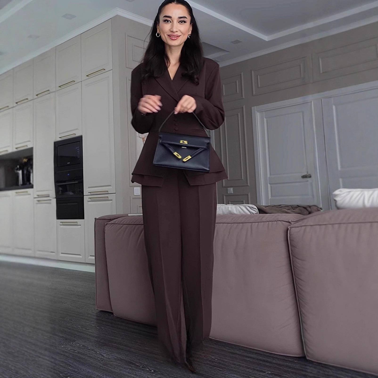 

2025 Autumn European & American Elegant Solid Color Waistband Blazer & Suit Pants Set Extra Extra Large кавовий