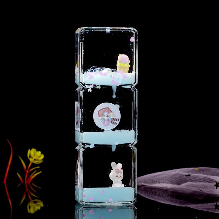 Geometry 3Layers Acrylic Square Cartoon Rabbit Oil Drop Drifting World Toy Children Hourglass Toy For Creative Kid Birthday Gift