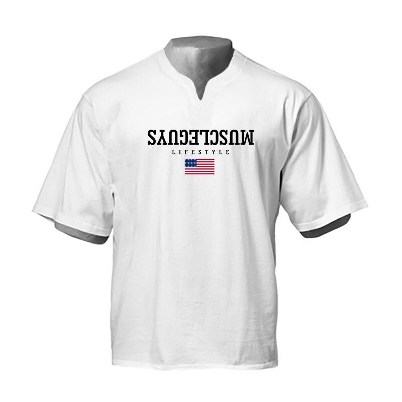 

Muscleguys, мужские футболки с v-образным вырезом в американском стиле для фитнеса, повседневная уличная одежда с короткими рукавами, уличная одежда XXL белый