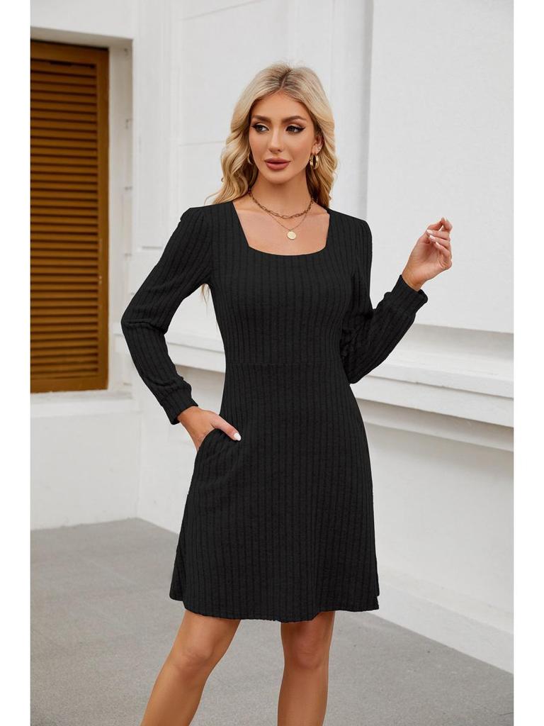 2025 Women's Square Neck Pocket Knit Sweater Dress - Long Sleeve Casual Fashion