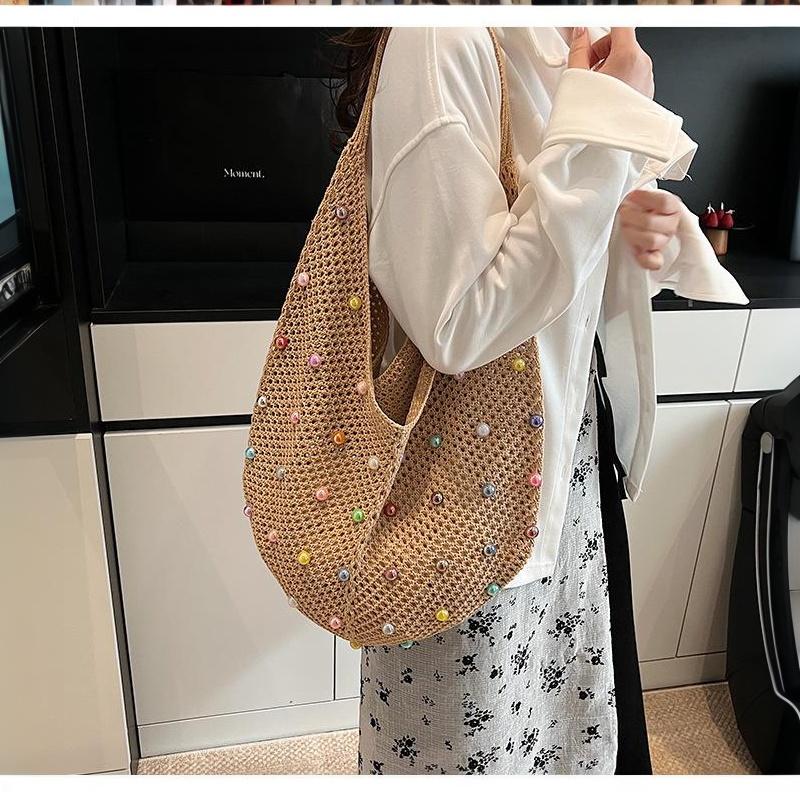 Hollow Out Single Shoulder Knitted Beach Bag Women's Colorful Large Capacity Tote for Seaside Holiday Pool Parties