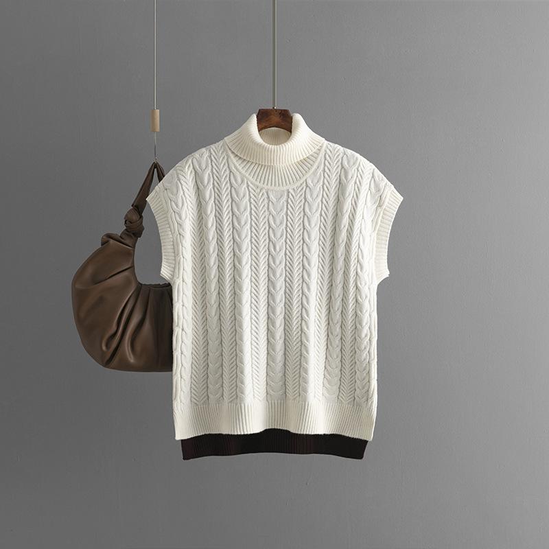 

Осень-зима Винтажный свободный большой топ без рукавов с цветными переплетениями пуловер трикотаж свитер с высоким воротником жилет One Size абрикосовый