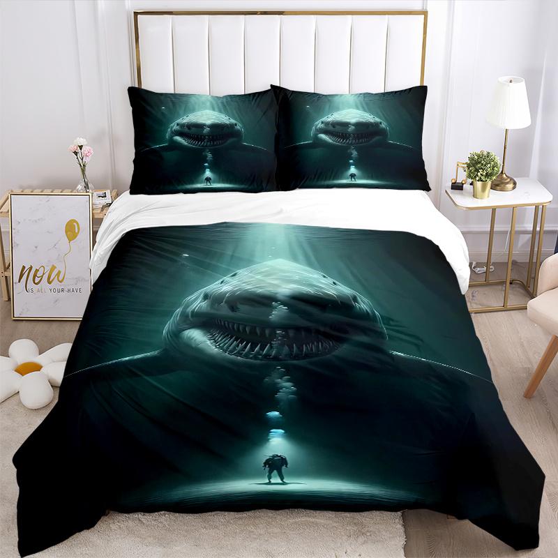 3pcs Giant Shark Duvet Cover Set with One Quilt Cover and Two Pillowcases (No Core) - Anime Cartoon Design, Perfect for Bedroom and Guest Room Decorat