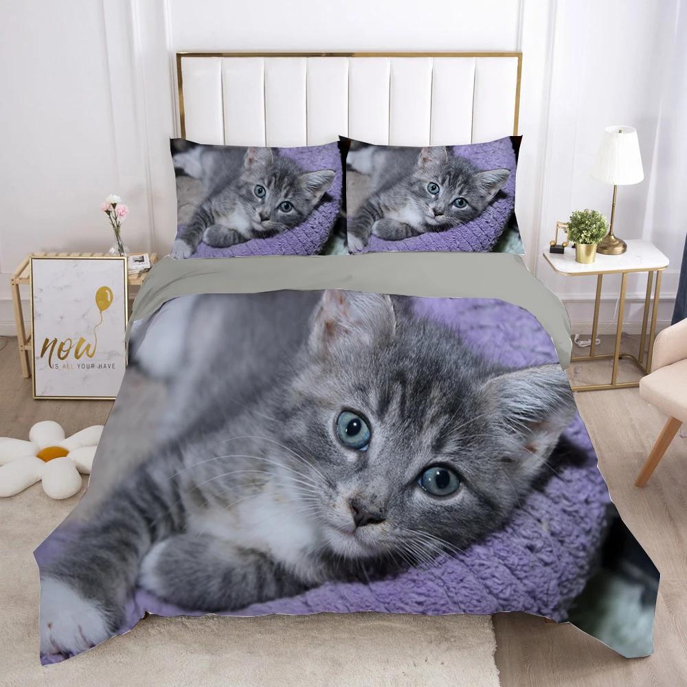 Cat Duvet Cover Set Lovely Animal Kitten Printed Quilt Cover Kids Teens Girl Animal Double Queen King Size Polyester Bedding Set