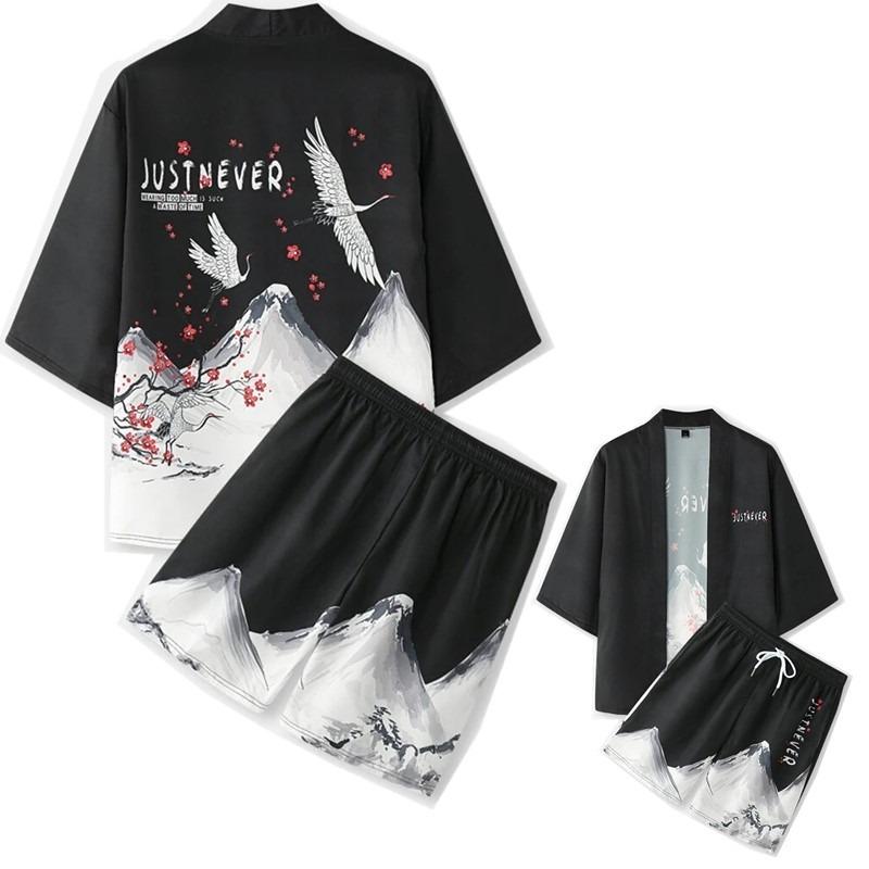 2026 New national style Hawaiian vacation ukiyo-e painted seven-quarter-sleeved Taoist robe 3D printed carp kimono cape