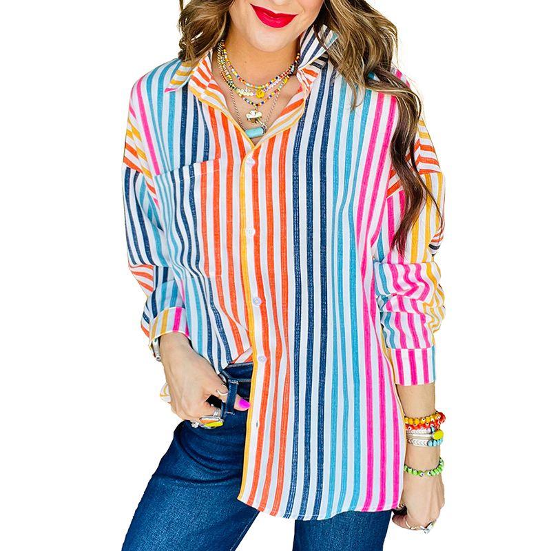 

Spring Thin Stylish Stripes Color Matching Single-Breasted Shirt for Women 2025 Fashion Fashion Commuter Versatile Long Sleeve Shirt Stripes XL code fits (70.00 kg-75.00 kg