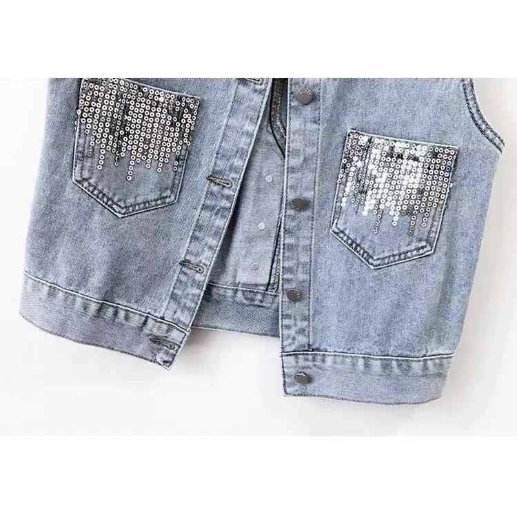 Fashion Design Sequins Summer Autumn Women's Waistcoat Korean Leeveless Denim Jeans Jacket Vest