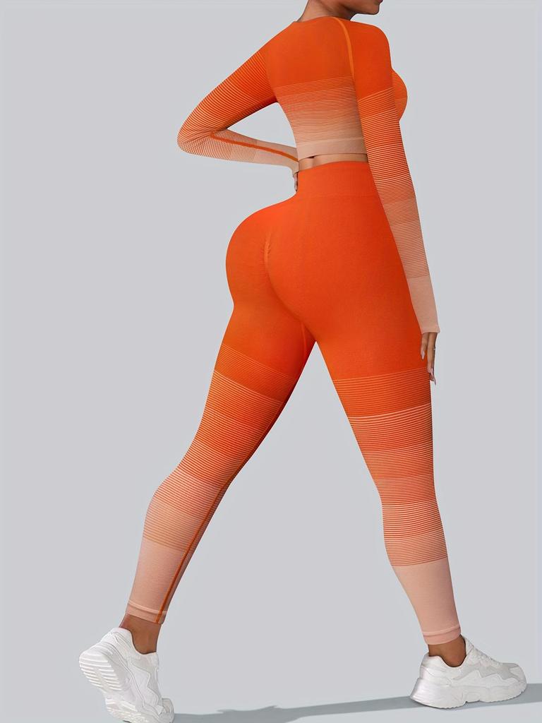 Orangefarbenes Sportset mit Farbverlauf: Langarm und Hose für Laufen, Fitness und Yoga