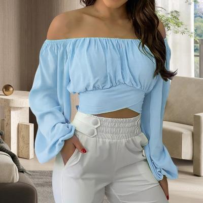 Women Sexy Cropped Tops Off Shoulder Lantern Long Sleeve Blouse Cross Lace-up Solid Color Loose Fit Tee Shirt Streetwear