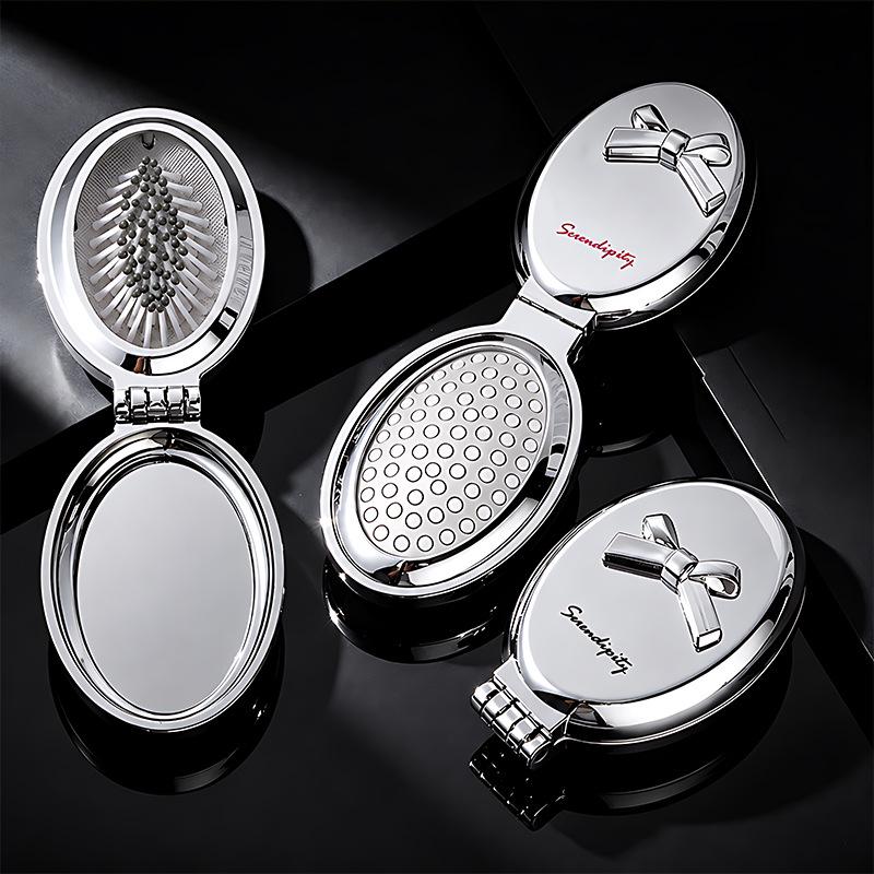 Electroplated Silver Massage Comb with Folding Mirror and Anti-Static Air Cushion – Student Girl Ins Style