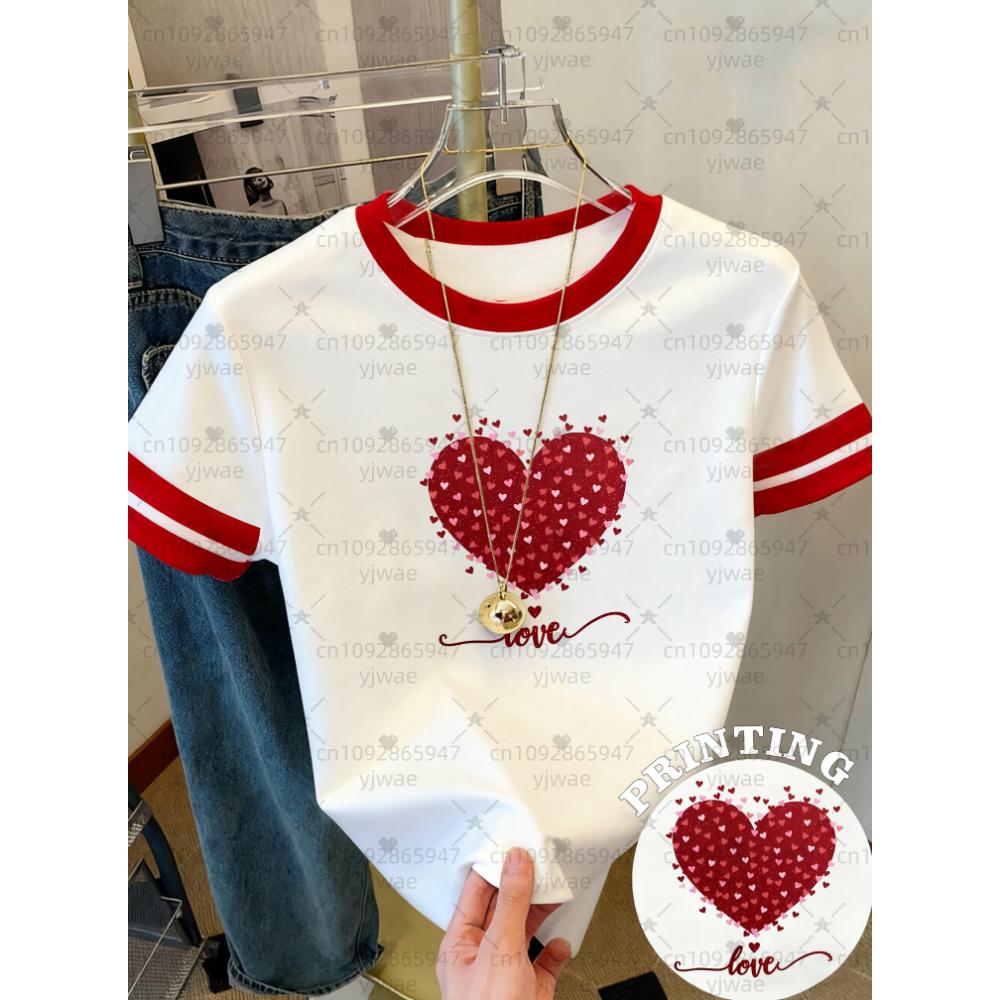 

26 Womens Short Sleeve Valentines Day LOVE Red Heart Print T-Shirt Girl Round Neck Tee Outdoor Sports Adult Women s T-Shirt M