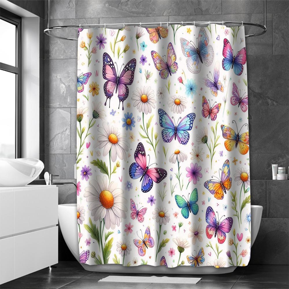 Butterfly Pattern Bathing Curtain  Bathroom Shower Curtain Waterproof With 12 Hooks Home Deco Free Ship