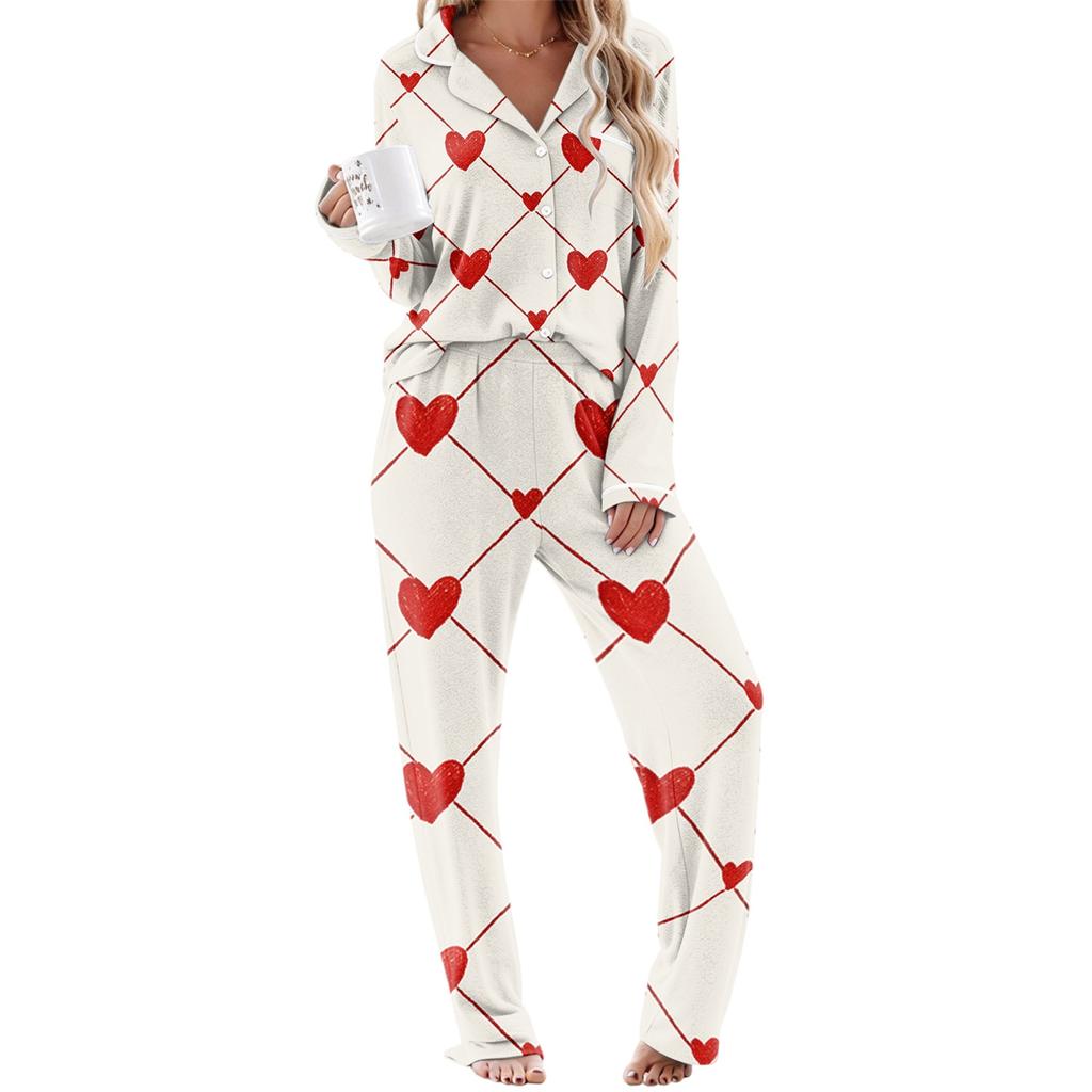 Women's Pajamas Fashion Print Long-Sleeve Button-Up Top Pocket Pants Home Casual Notched Collar V-Neck Two-Piece Set