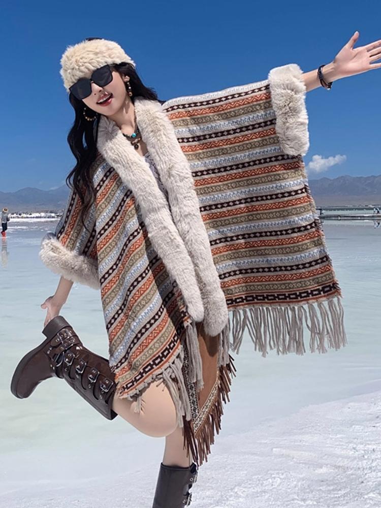 Winter Women Scarf Layers Poncho Elegant Lady Striped Print Tassel Wraps Shawl Hairy Scarve Capa Para Mujer Pashmina Cloak Boho