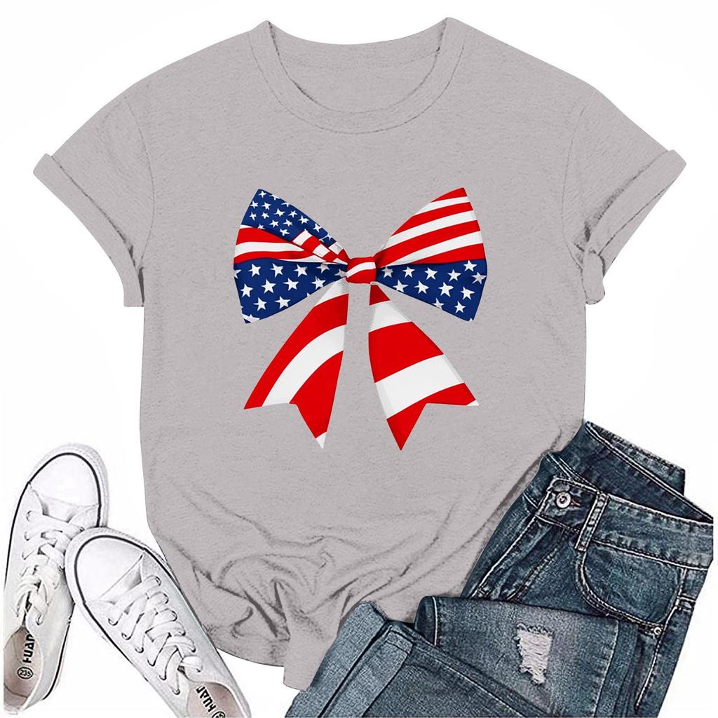 Adults Casual Daily Round Neck Independence Day Printed Short Sleeved T-shirt Letter Top