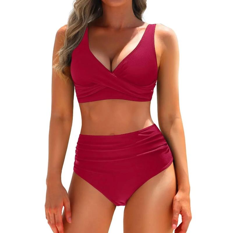 Fashionable High-Waist Bikini Swimsuit Separate Colors Printed Cross Design Women's Swimwear Elegant Chic Poolside Outfit