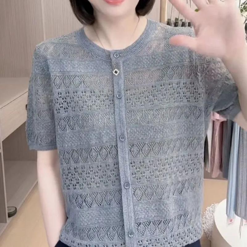 Women s Hollow Out Knit Cardigan Short Sleeve Button Up Lightweight Sheer Summer Casual Top L