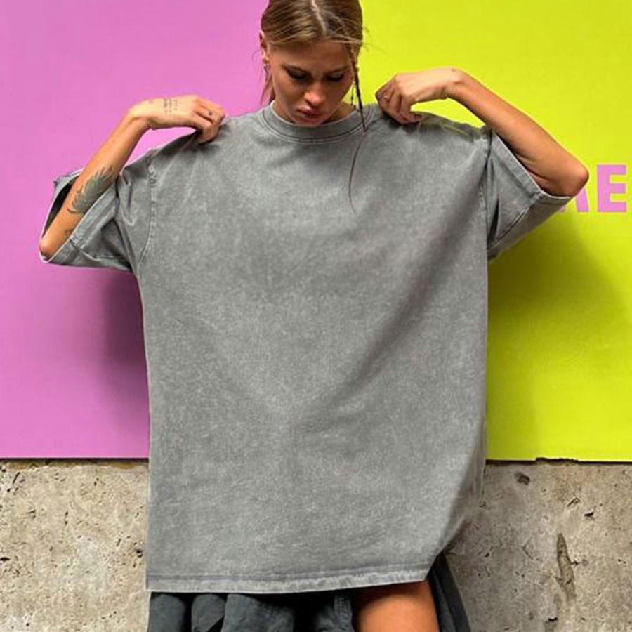 Women Men 100% Cotton Retro T-shirt Men Women Vintage Short-sleeve Wax Printing T Shirts Solid Color Hip Hop Loose Tees