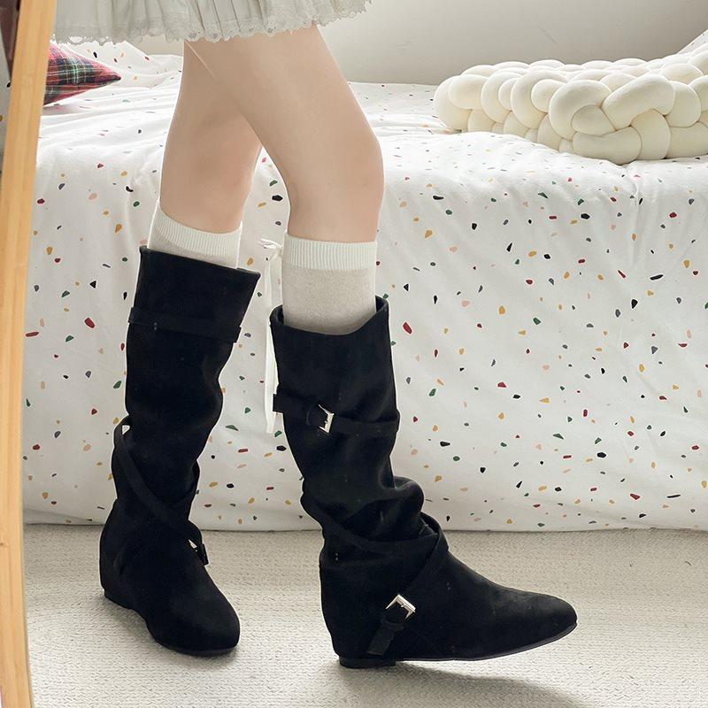 Belt buckles pile up new boots versatile knight boots long boots women 2025 thin retro inner height increase autumn tall tube