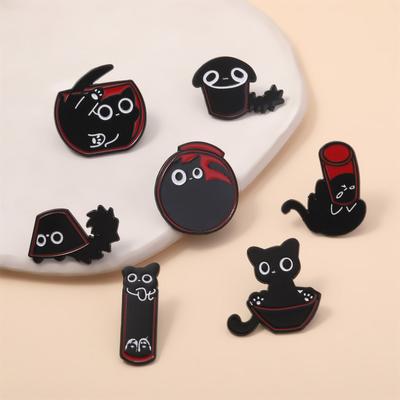 Cute Liquid Cat Brooch, Cartoon Cute Little Black Cat Alloy 7-Piece Set, Drip Badge.