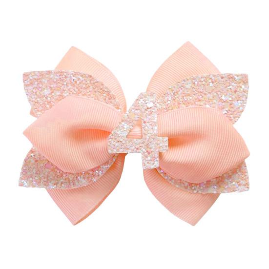Pink Birthday Hair Bow for Baby 1-6 Years Glitter Sequin Party Hairpin Satin Ribbon Bow with Elastic Tie & Metal Clip Sparkling Number Hair Accessory