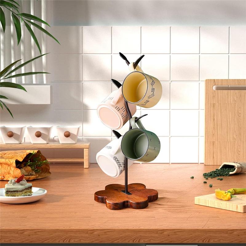 Fresh For Countertop Coffee Mug Holder With Wooden Base, For Counter Bar Accessory Leaf-Shaped Design, Coffee Mug Tree Rack