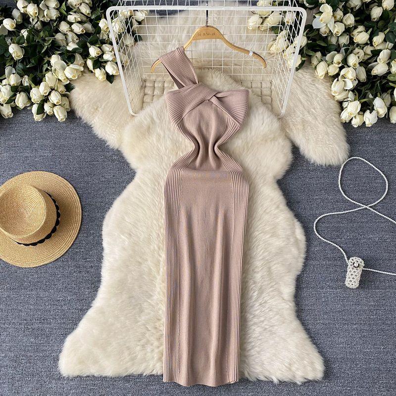 

Fashion Fancy Knitting Diagonal Collar Dress Women s Summer Asymmetrical Accessible Luxury Slit Design Pure Desire Sexy Long Dress Khaki One size
