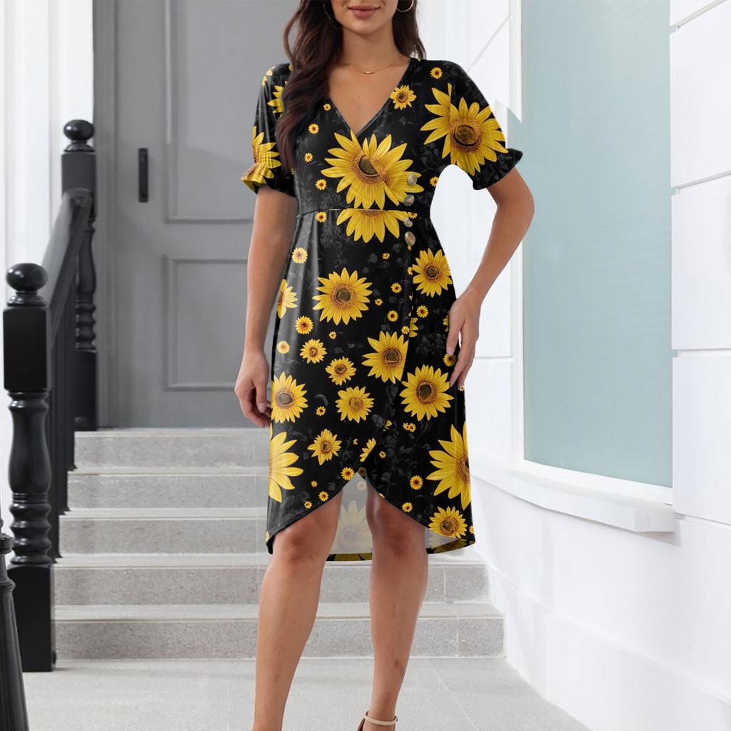 Beach Dresses For Women Spring Summer Elegant Wrap V Neck Floral Boho Dress Flowy Ruched Hawaiian Maxi Dress