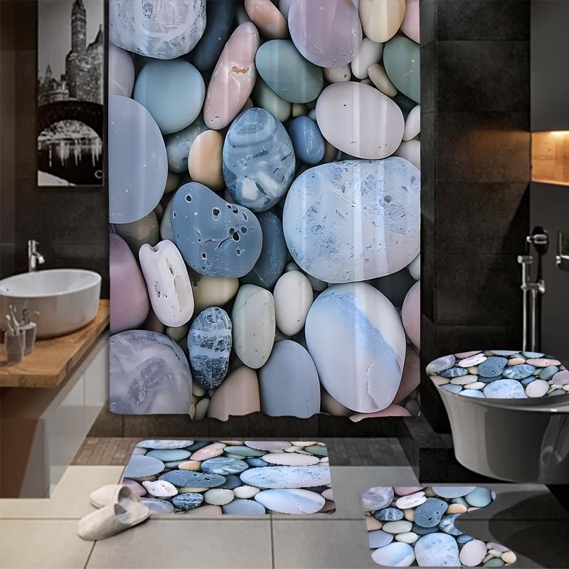 4Pcs Bathroom Shower Curtain Set  Colorful Pebble Pattern Bathroom Curtain With 12 Hooks Non Slip Rugs Toilet Cover Mat Bathroom Partition