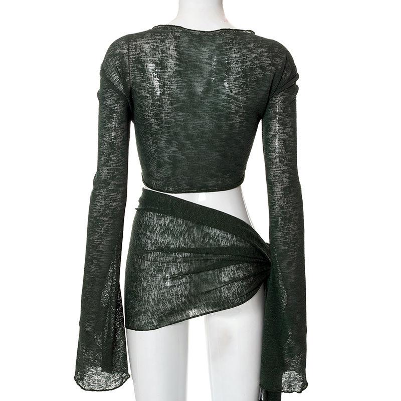 Ensemble crop top à manches longues à lacets en dentelle résille et jupe courte - Mode d'été européenne et américaine pour femmes