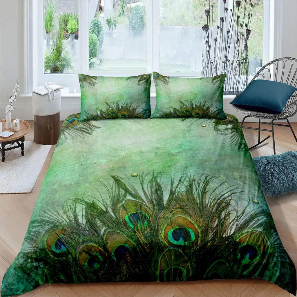 Peacock Feather Duvet Cover Set Full Queen Size Birds Feather Bedding Sets Chic Fantasy Peacock Feathers Comforter Cover 3 Pcs