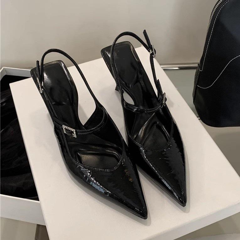 

Женские туфли на высоком каблуке из лакированной кожи, новые туфли-лодочки с острым носком и открытой пяткой, шпилька, сумка на мыске, женские сандалии 35 чёрный