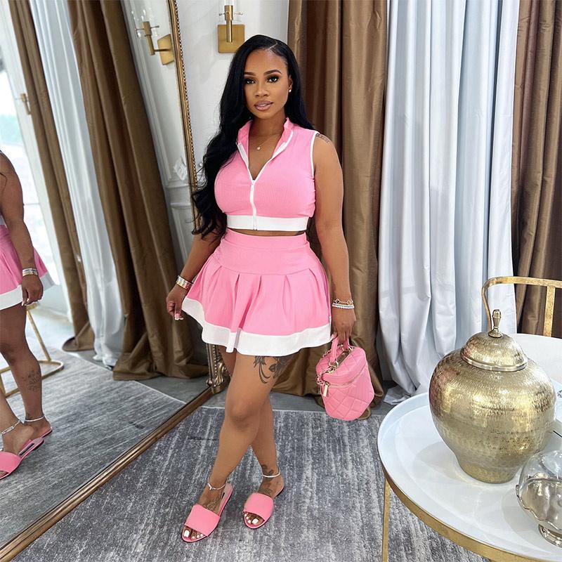 Fashion Casual Contrast Color Stitching Pleated Short Skirt Ladies Two-piece Summer Sports Stitching Ladies Suit High Street