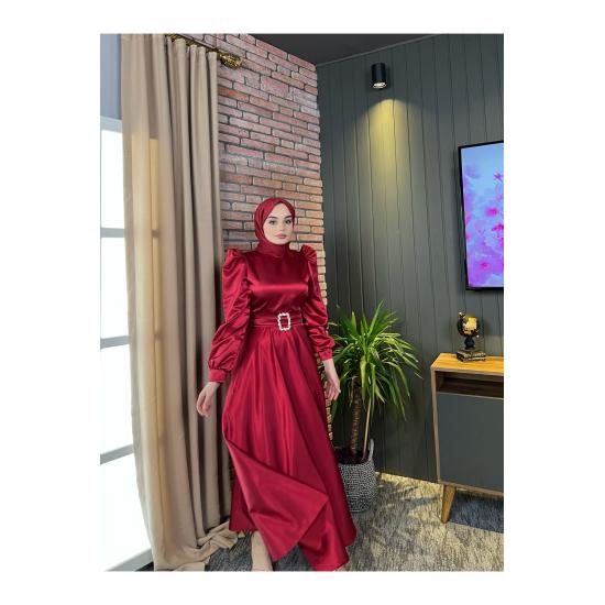 Women's Satin Hijab Evening Dress with Stone Buckle Waist and Flared Skirt