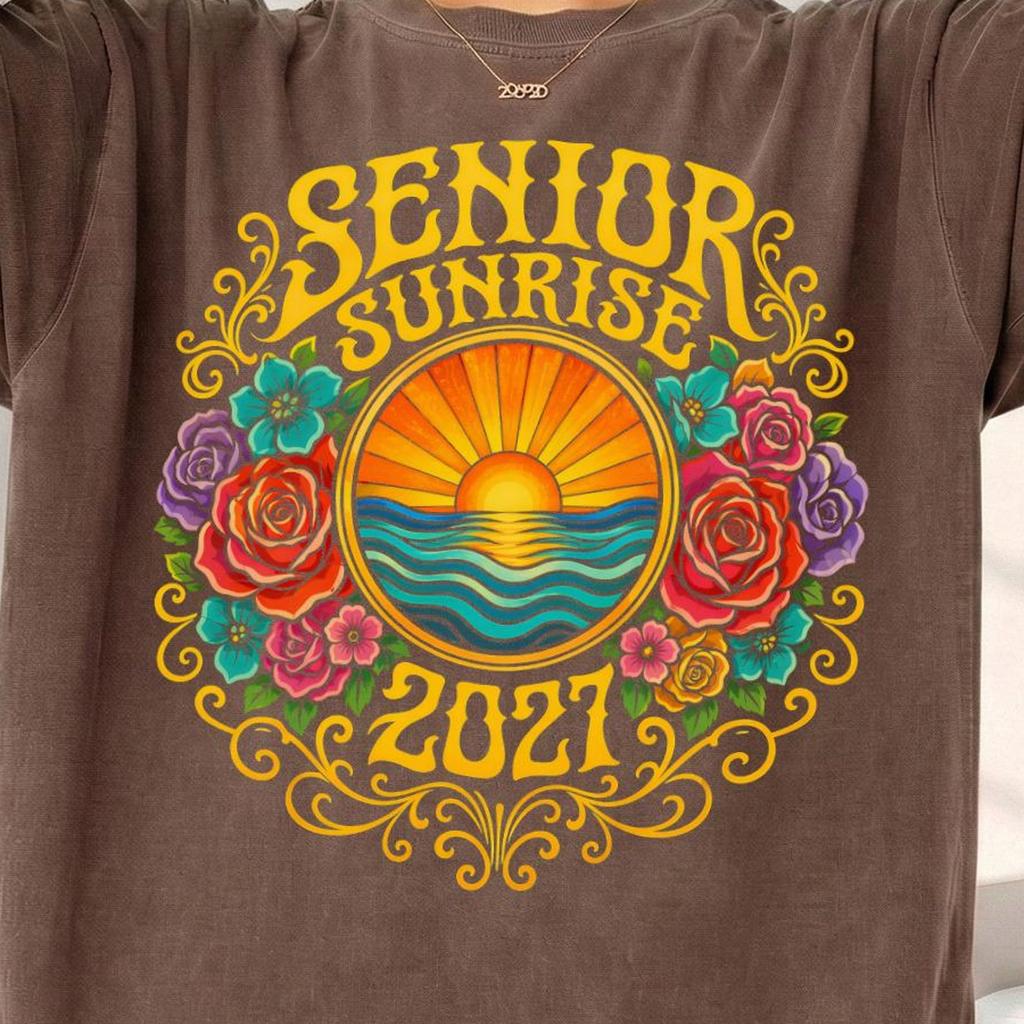 Senior Sunrise 2027 T-Shirt and kids tshirt, Boho Retro Floral Graduation Tee, Vintage Class of 2027 Gift, Sunset Beach Outdoor Shirt and kids tshirt