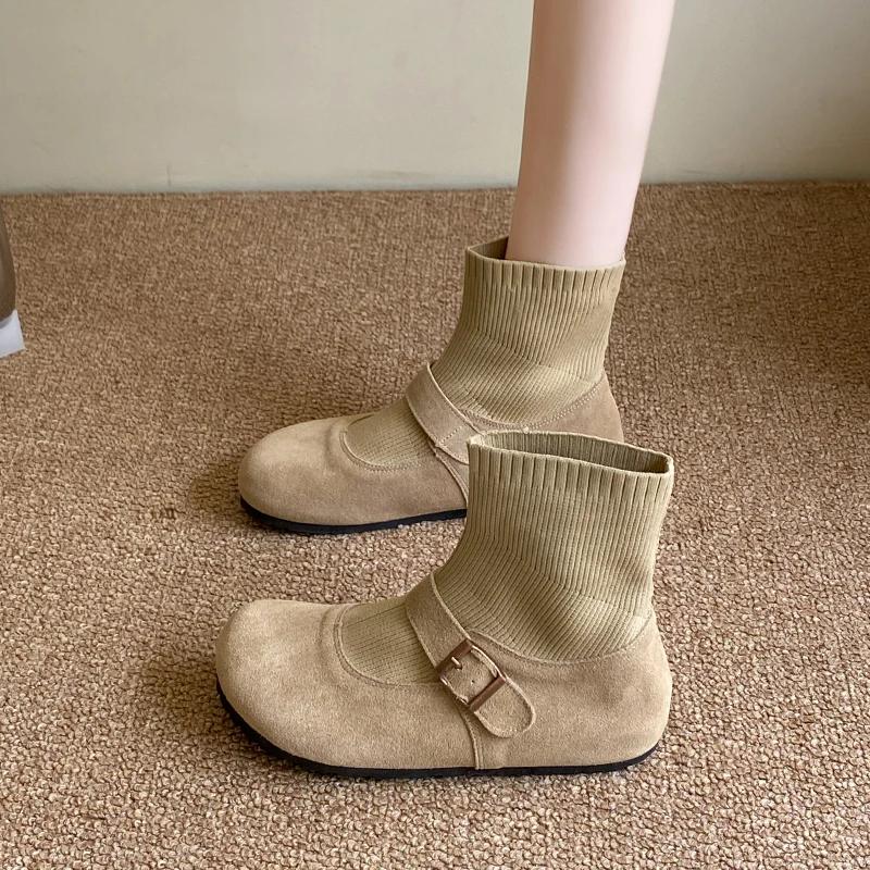 Fashion Women's Flat Boots Round Toe Belt Buckle Soft Suede Leather Shoes Women Leisure Dress Fashion Retro Flats Zapatillas De Mujer