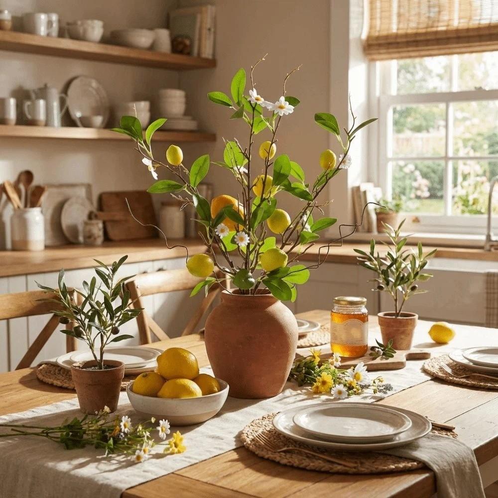Plastic Artificial Lemon Branch with Flower Faux Lemon Lemon Fruit Branch Realistic Green Leaves Fake Floral Decor Wedding Party
