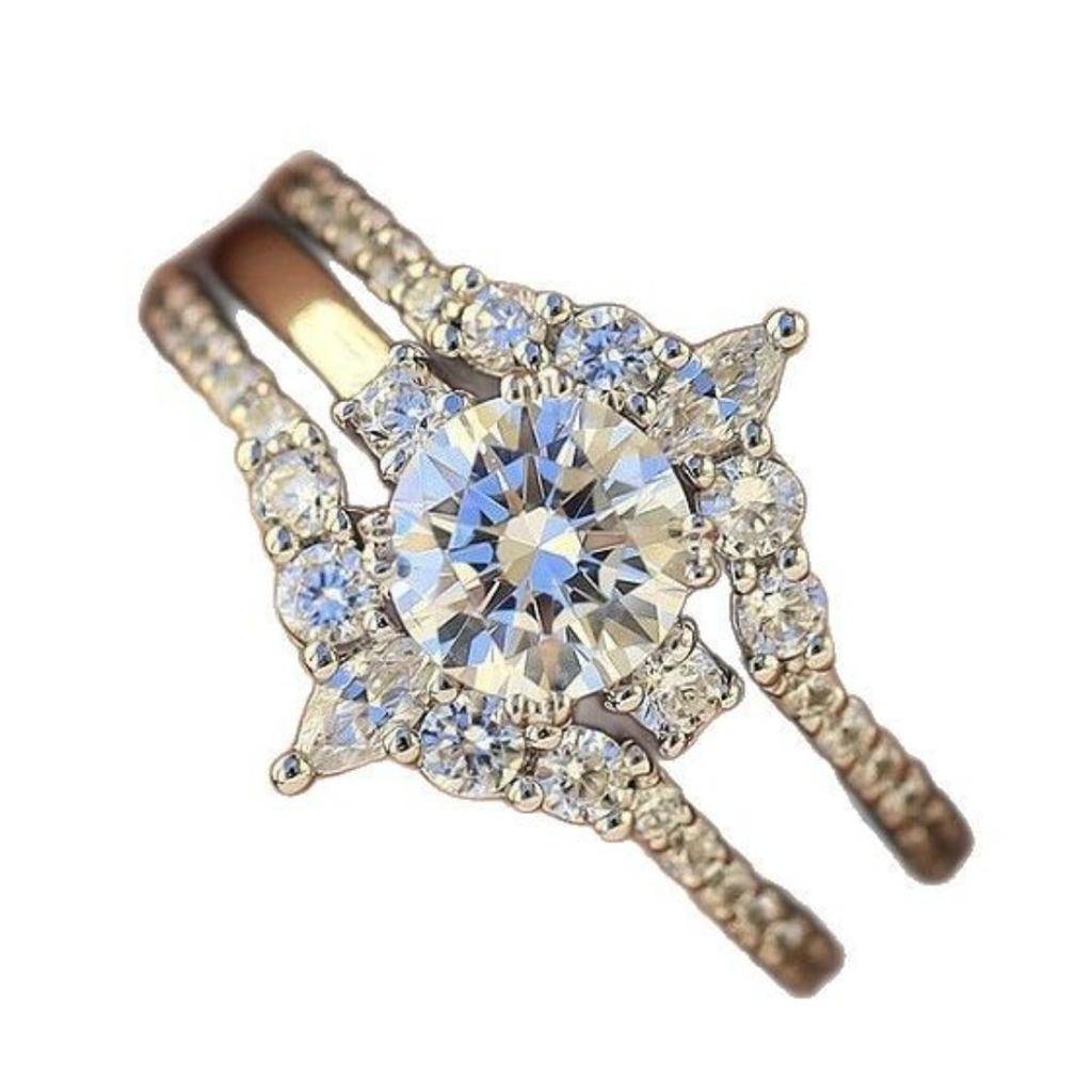 Luxury Exquisite Three-piece Ring, White Gold Inlaid Zircon Women's Diamond Ring, Simple and Creative Love Ring