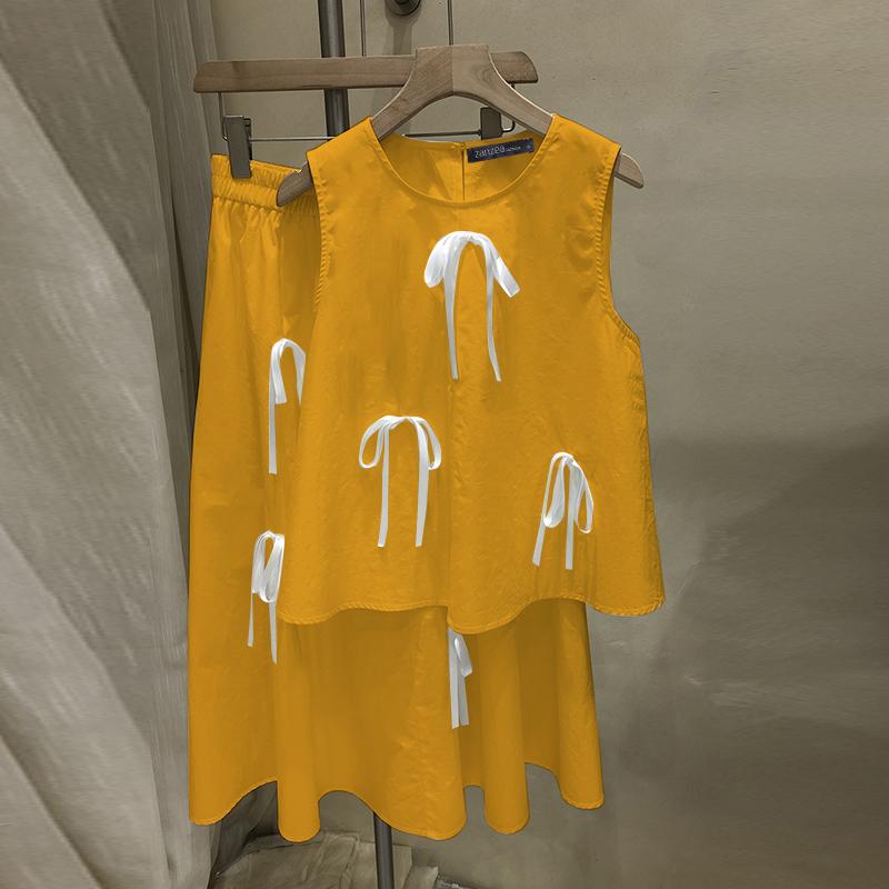 

ZANZEA Женские летние комплекты с круглым вырезом без рукавов и узлом, жилеты А-силуэта и юбки S жёлтый