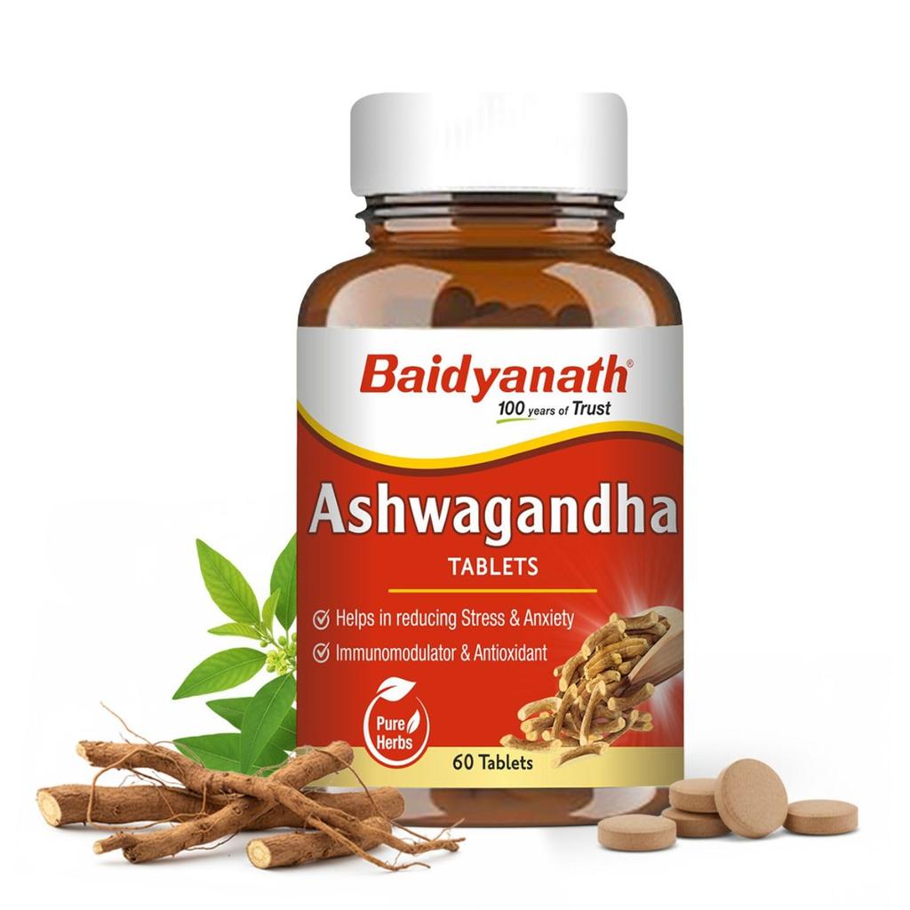 Baidyanath Ayurved Ashwagandha 60 Δισκία για Γενική Ευεξία | Βοηθά στην Απελευθέρωση από το Στρες & το Άγχος (Συσκευασία 1)