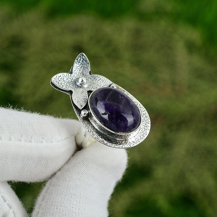 Star Amethyst Stone 925 Silver Bezel Daughter Unique Stackable Crown Chakra Ring Adjustable