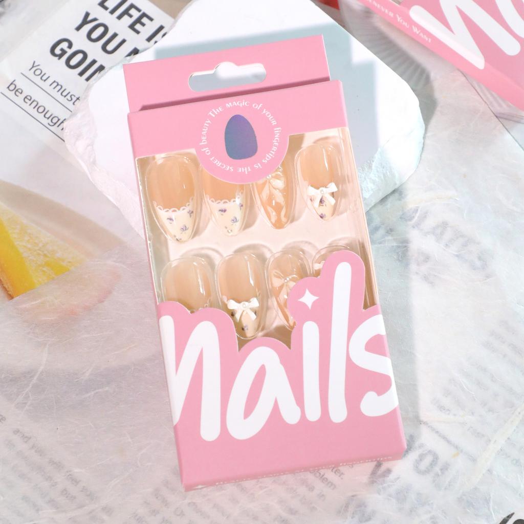 Sweet wind wearing nail short almond nail art piece French ribbon bow fake nail