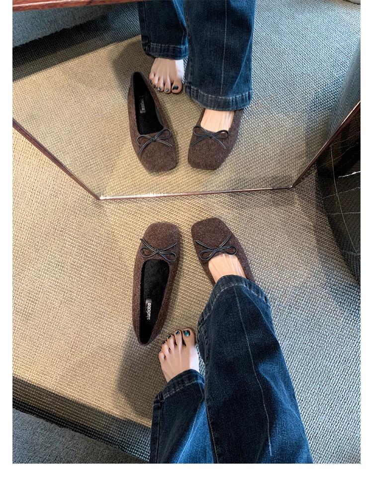 Wool version~ Versatile bow woolen light mouth ballet single shoes women's Mary Jane single shoes flat-soled fluffy shoes ladyshoes