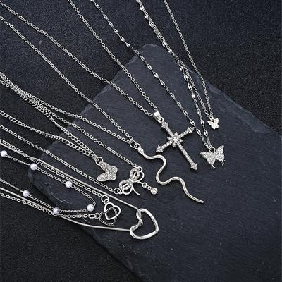 Set de 9 Collares Elegantes Para Mujeres Brillantes Pedrería Lindo Colgantes de Mariposa Corazón Cruz Lazo Collares Joyería de Fiesta Regalos