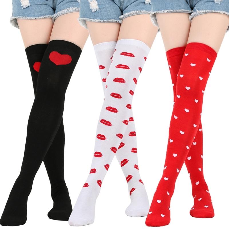 Valentines Day Over Knee Long Socks Cute Lip Heart Love Pattern Thigh High Stockings for Women Parties and Casual Wear