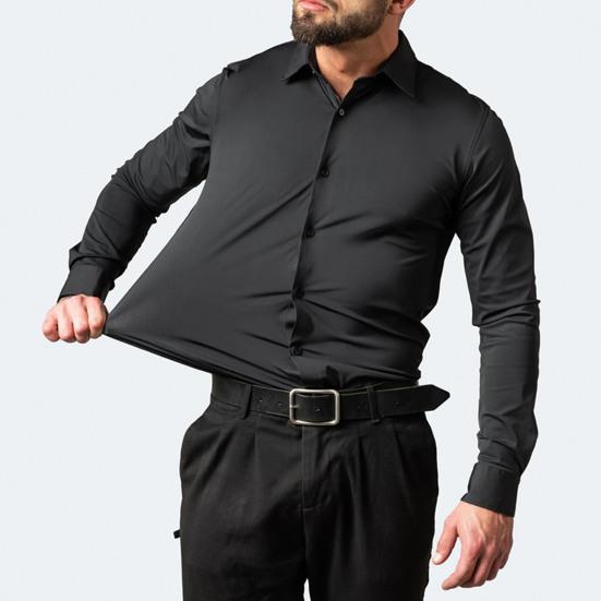 Chemise habillée printemps-automne pour hommes, col rabattu, coupe ajustée, extensible, simple boutonnage, manches longues, couleur unie, mi-longue, formelle, événement d'affaires, bureau